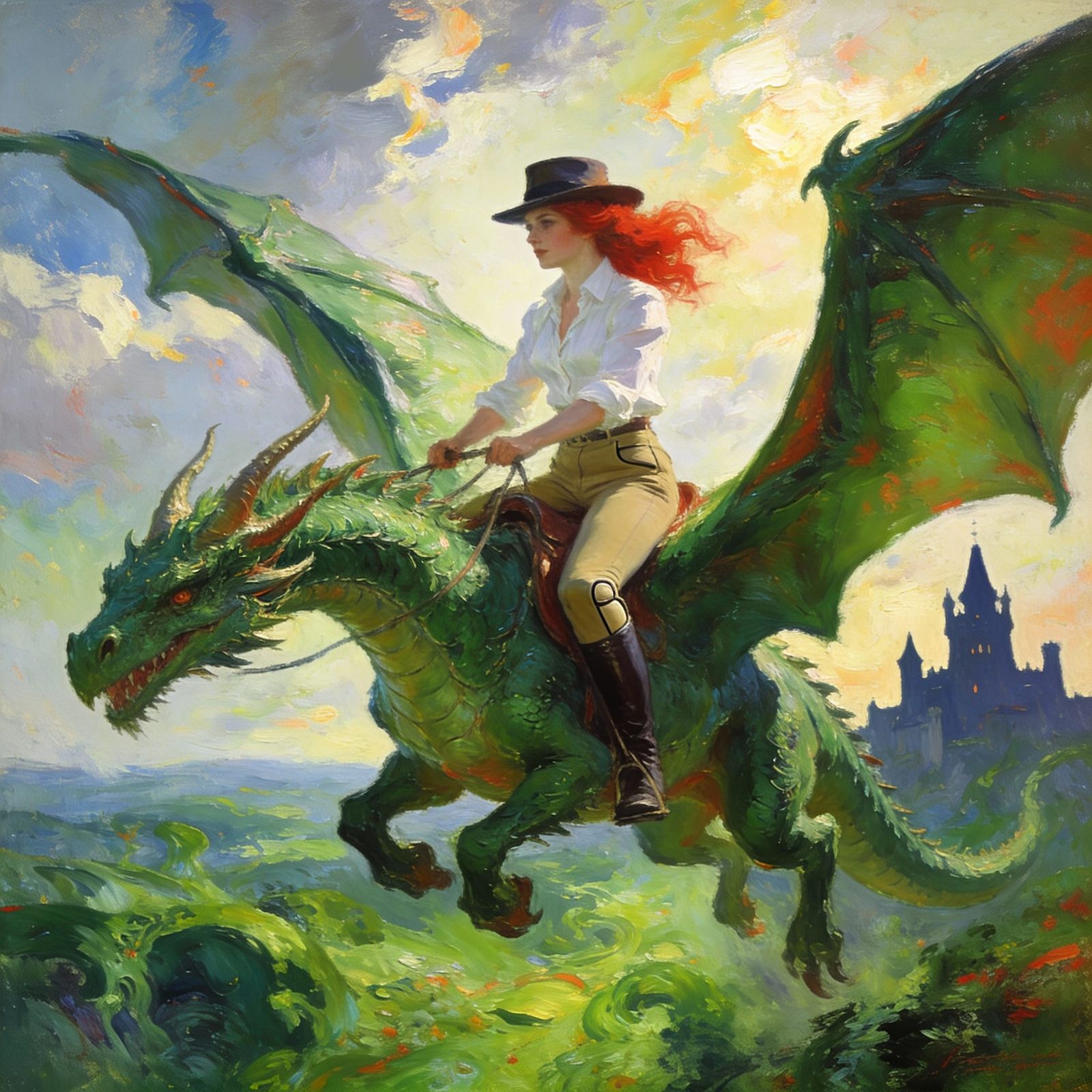 Woman Rides Winged Dragon in Fantastical Landscape Painting