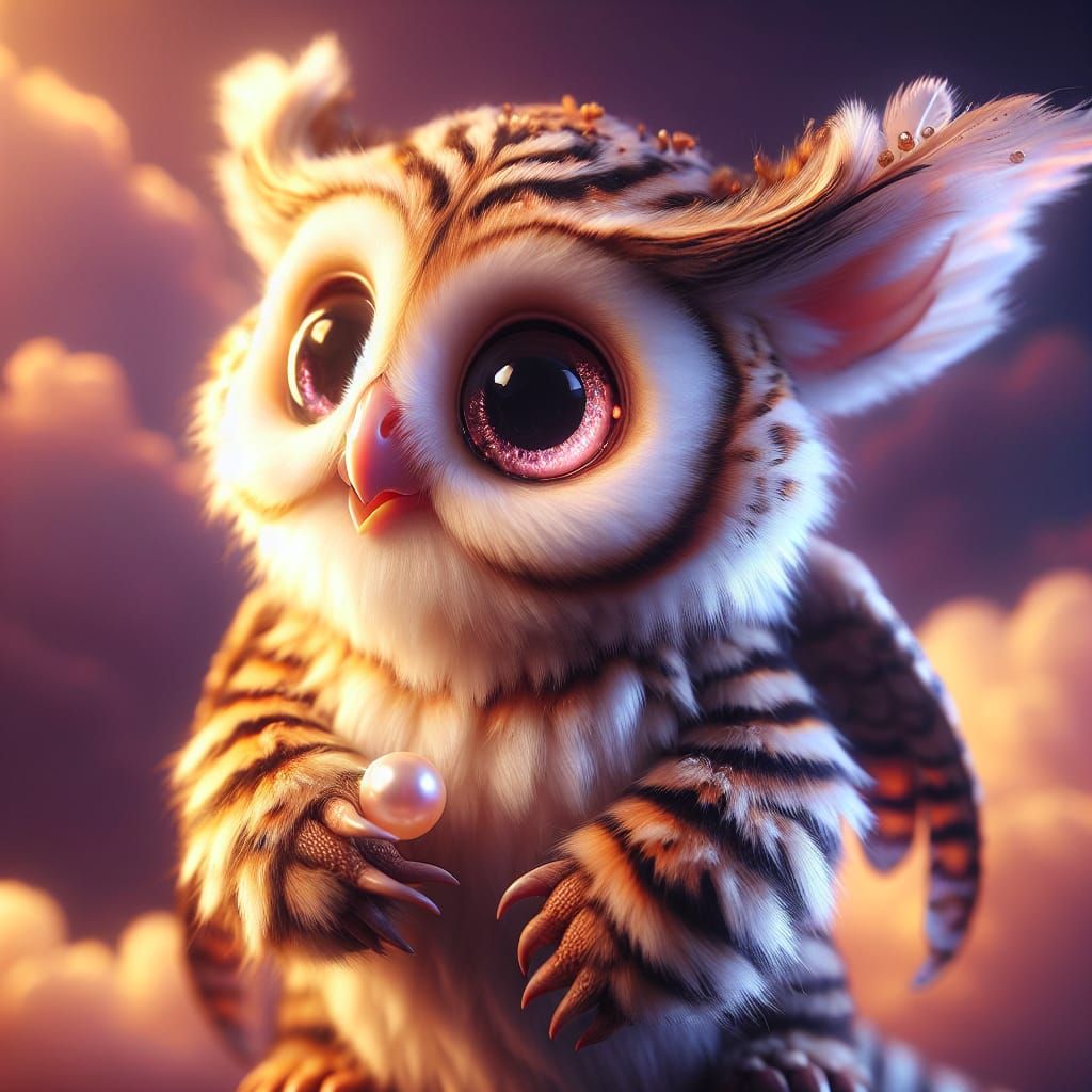 Endearing Owl-Tiger Hybrid Creature with Pearl