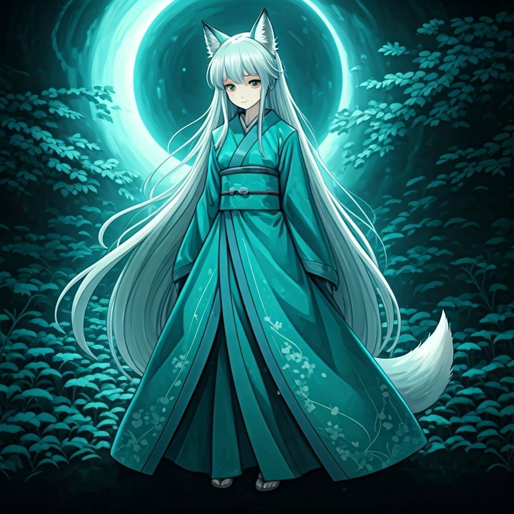 Dreamlike Anime Fox Girl in Turquoise Kimono