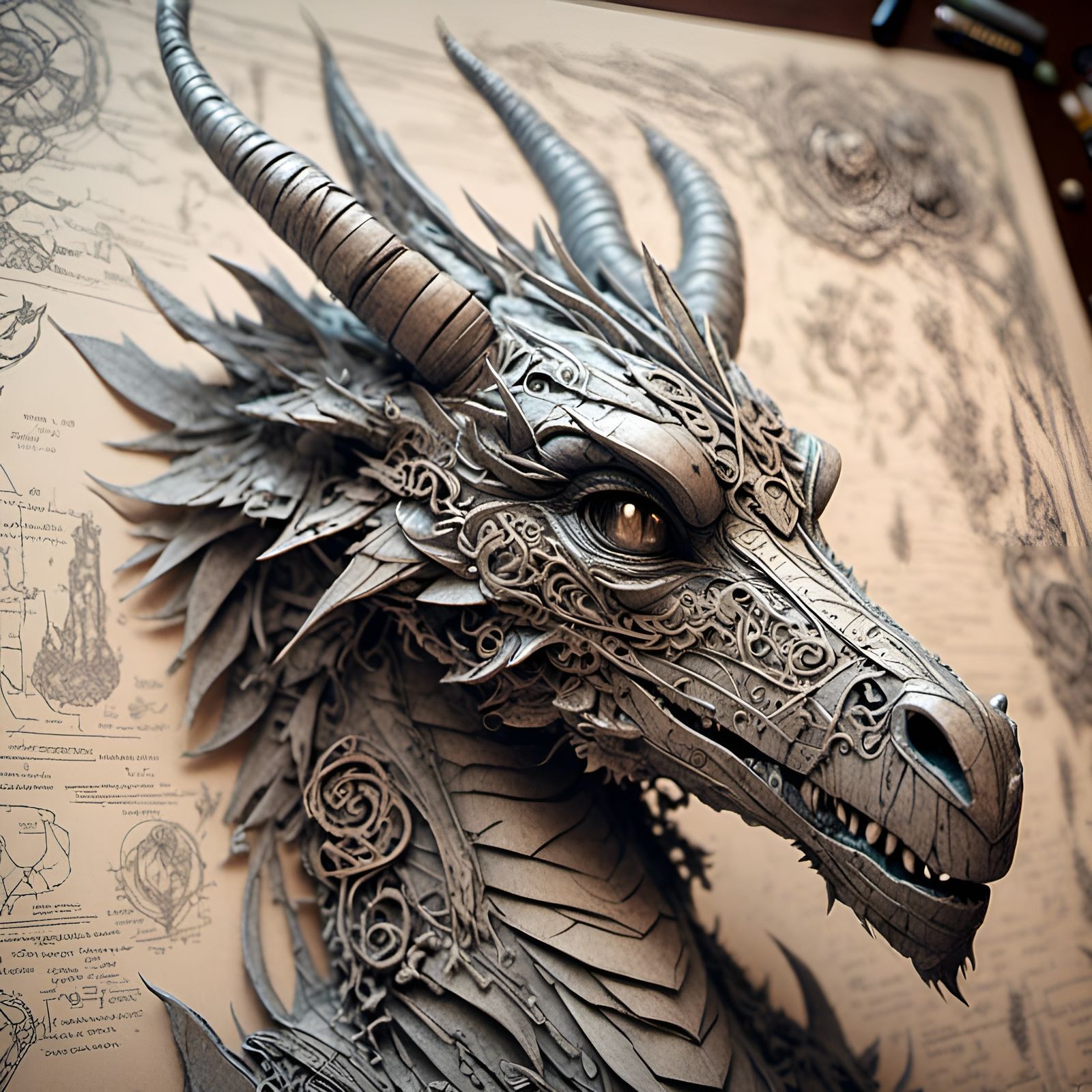 Ornate Chibi Dragon Blueprint Portrait in 3D Paper Style