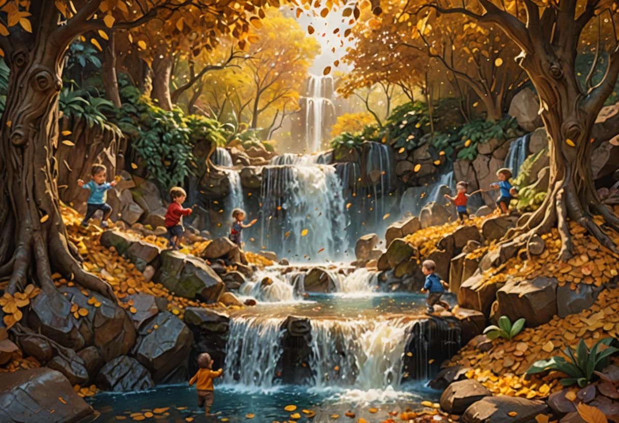 Magical Waterfall Garden with Children Playing, Hyperrealist...
