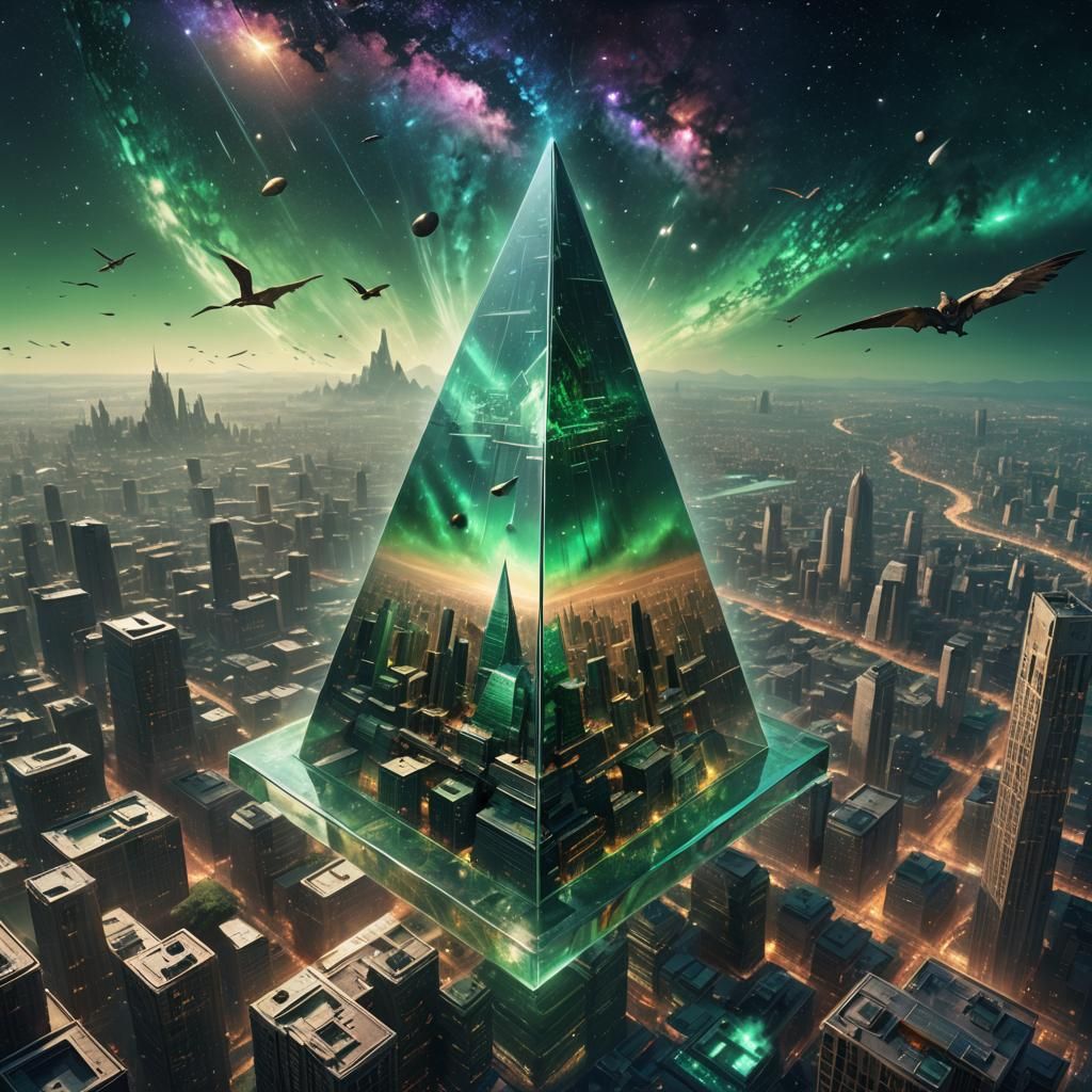 Glass Pyramid Cityscape in Emerald Galaxy Wing