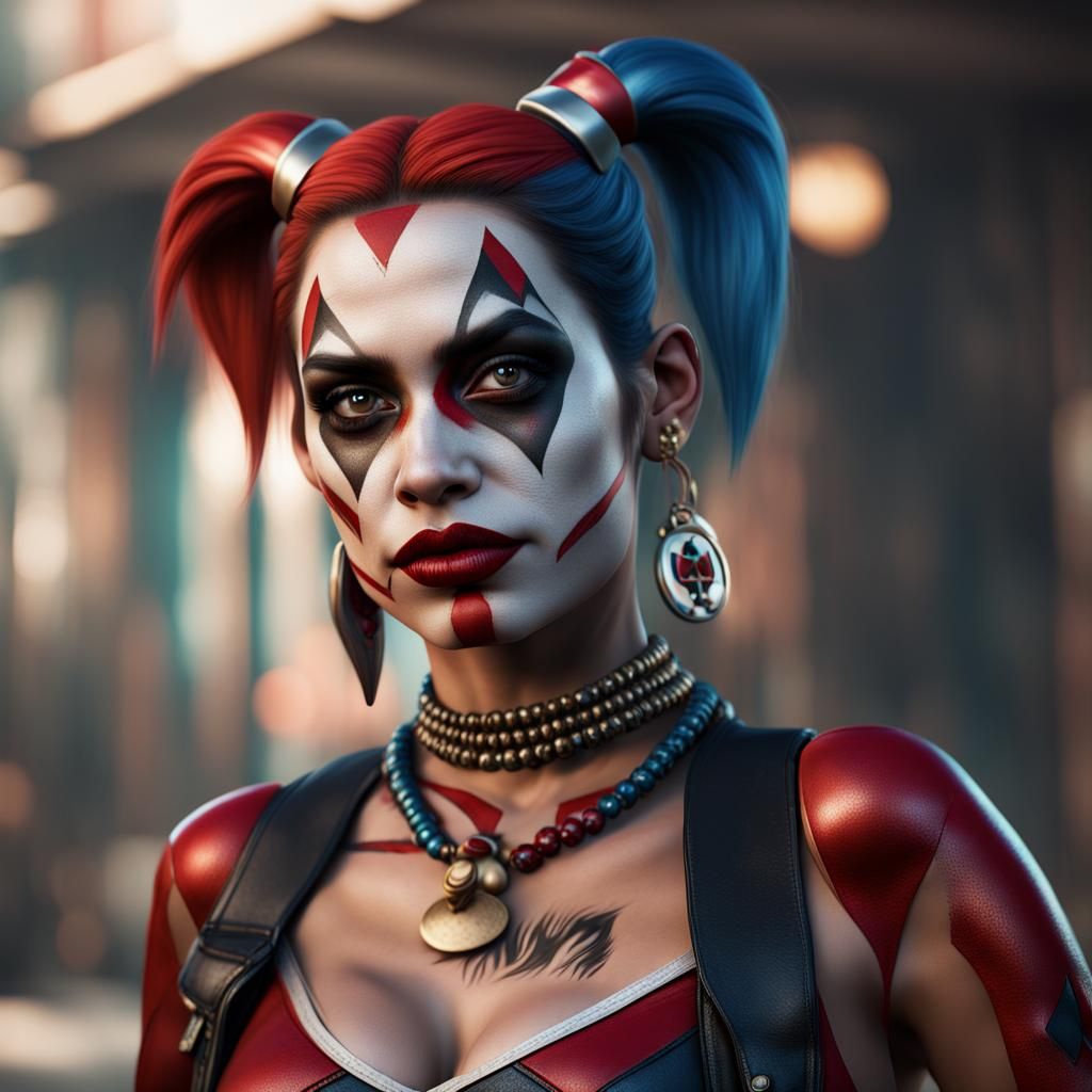 Hyperrealistic Amerindian Woman as Harley Quinn