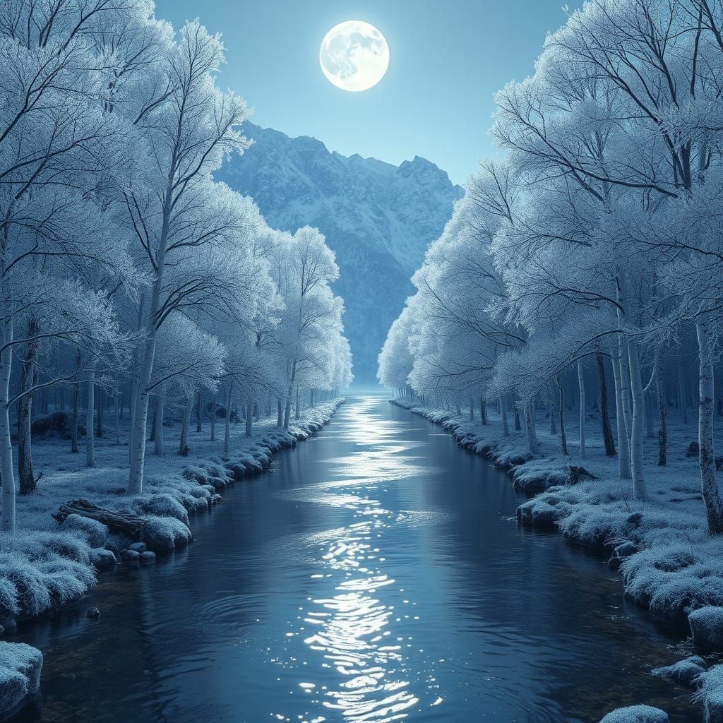 Ethereal Silver Birch Trees Reflect Moonlight on Mountain Ri...