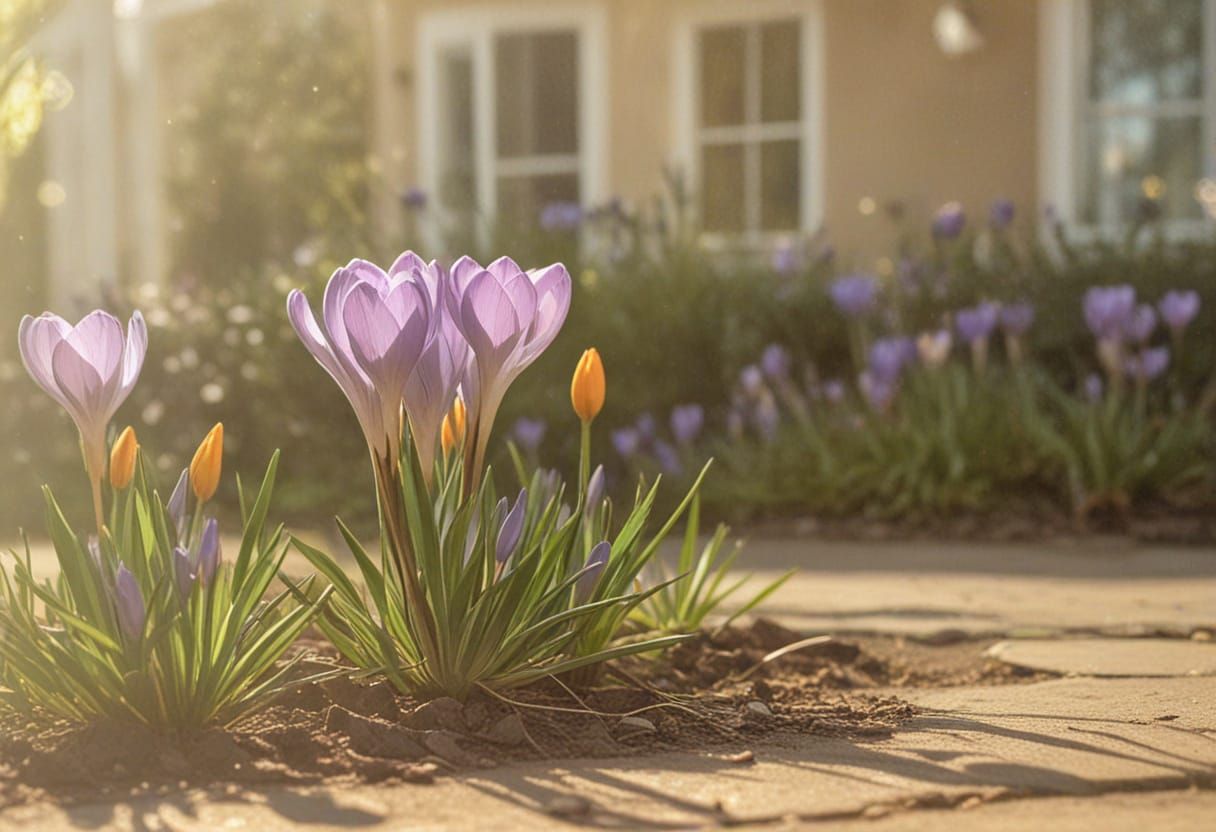 Impressionist Crocus Garden Scene in Pastel Colors