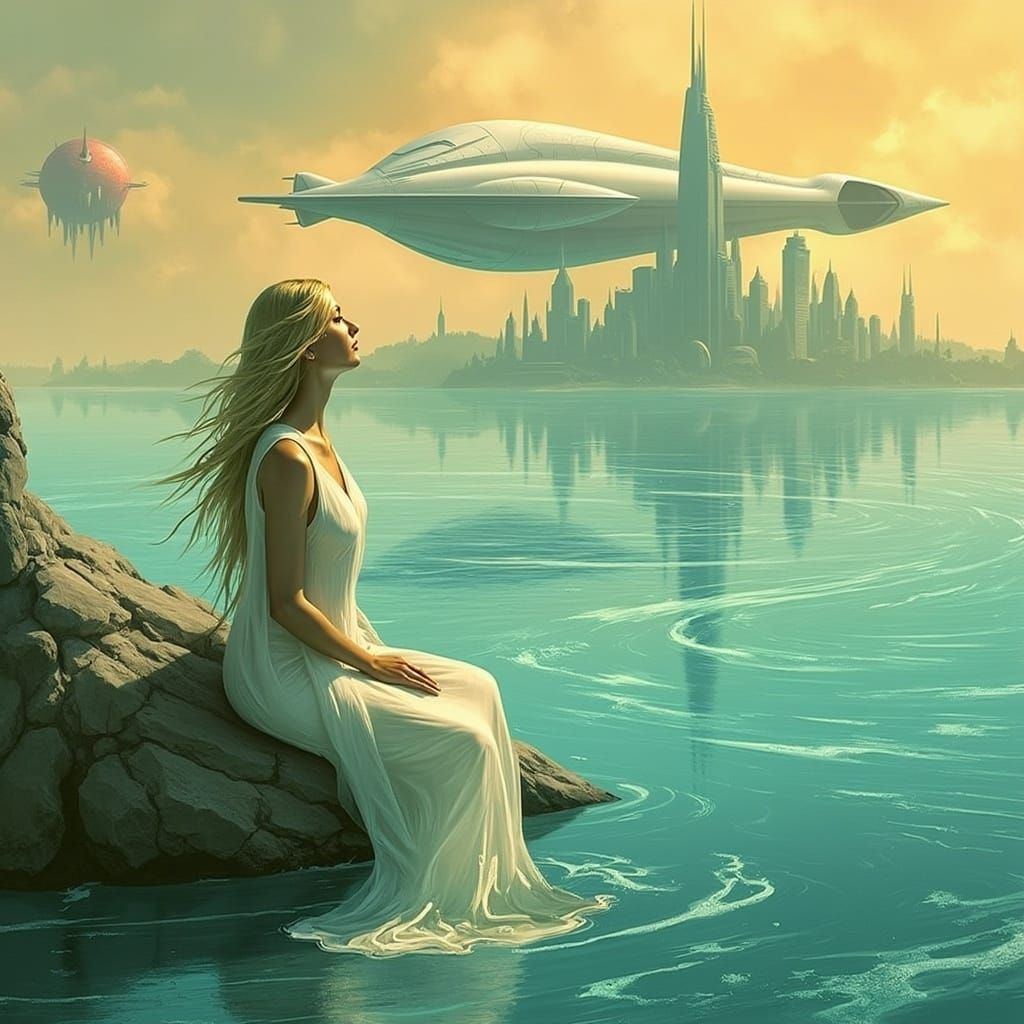Woman Gazing at Spaceship Over Futuristic City