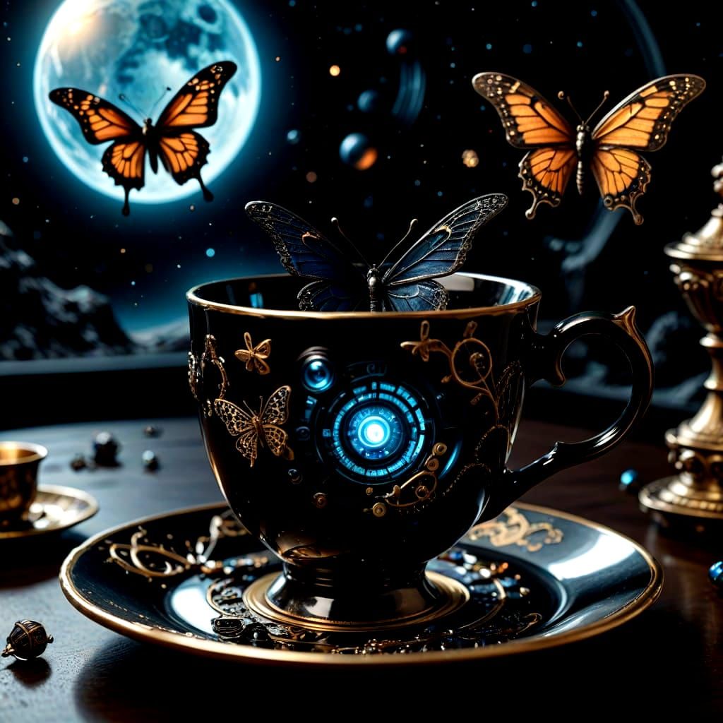 Obsidian Teacup with Clockwork and Butterflies in Space