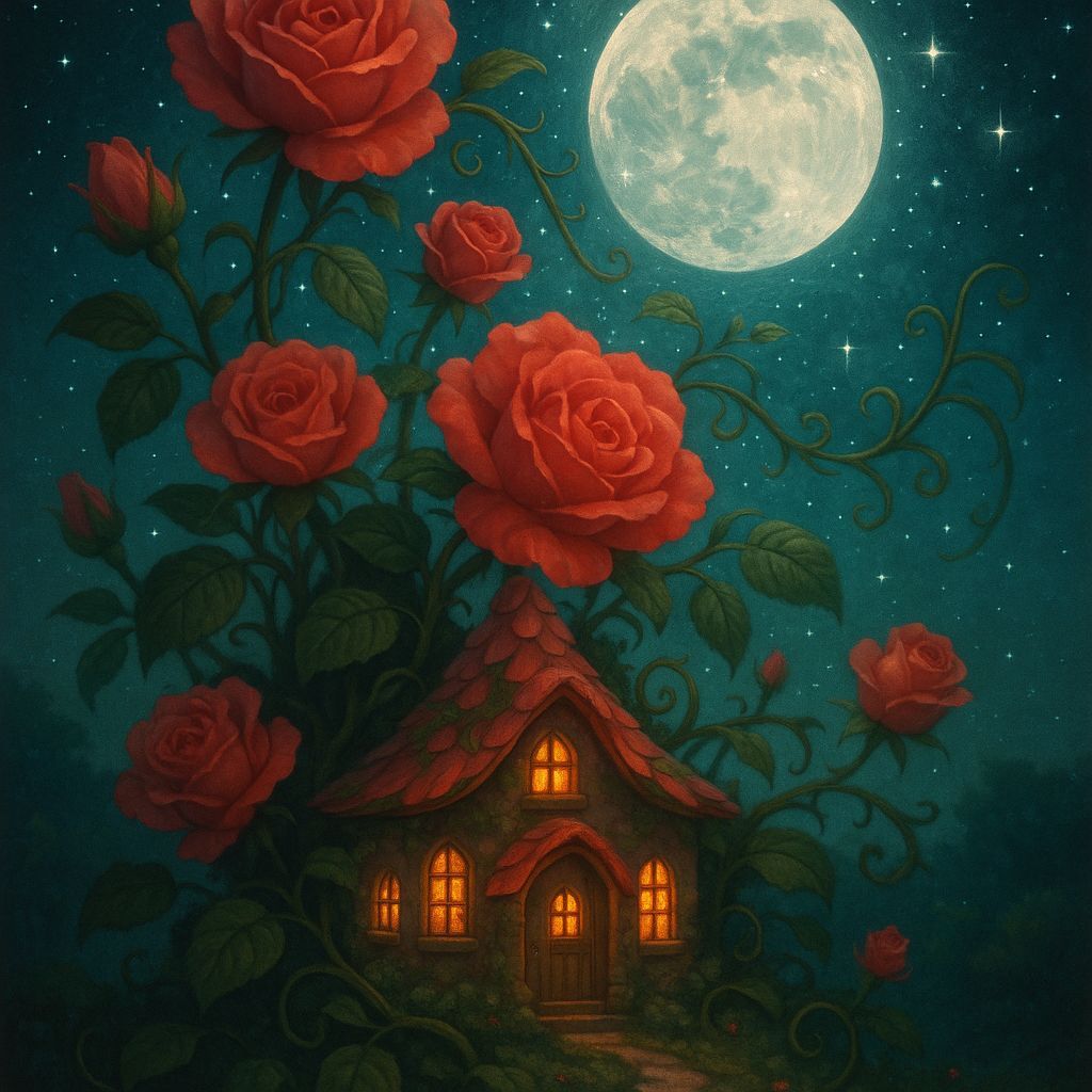 Whimsical Fairy Cottage Amidst Enchanted Rose Bushes Under a...