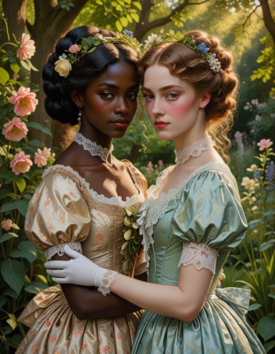 Victorian Women in a Lush Garden in Pre-Raphaelite Style