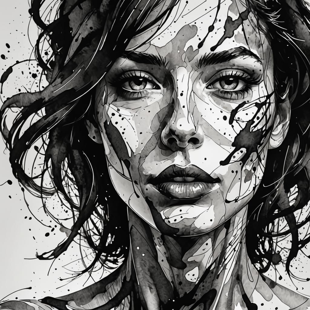 Abstract minimalistic ink splatter female figure, expressive strokes, dramatic shading, black...