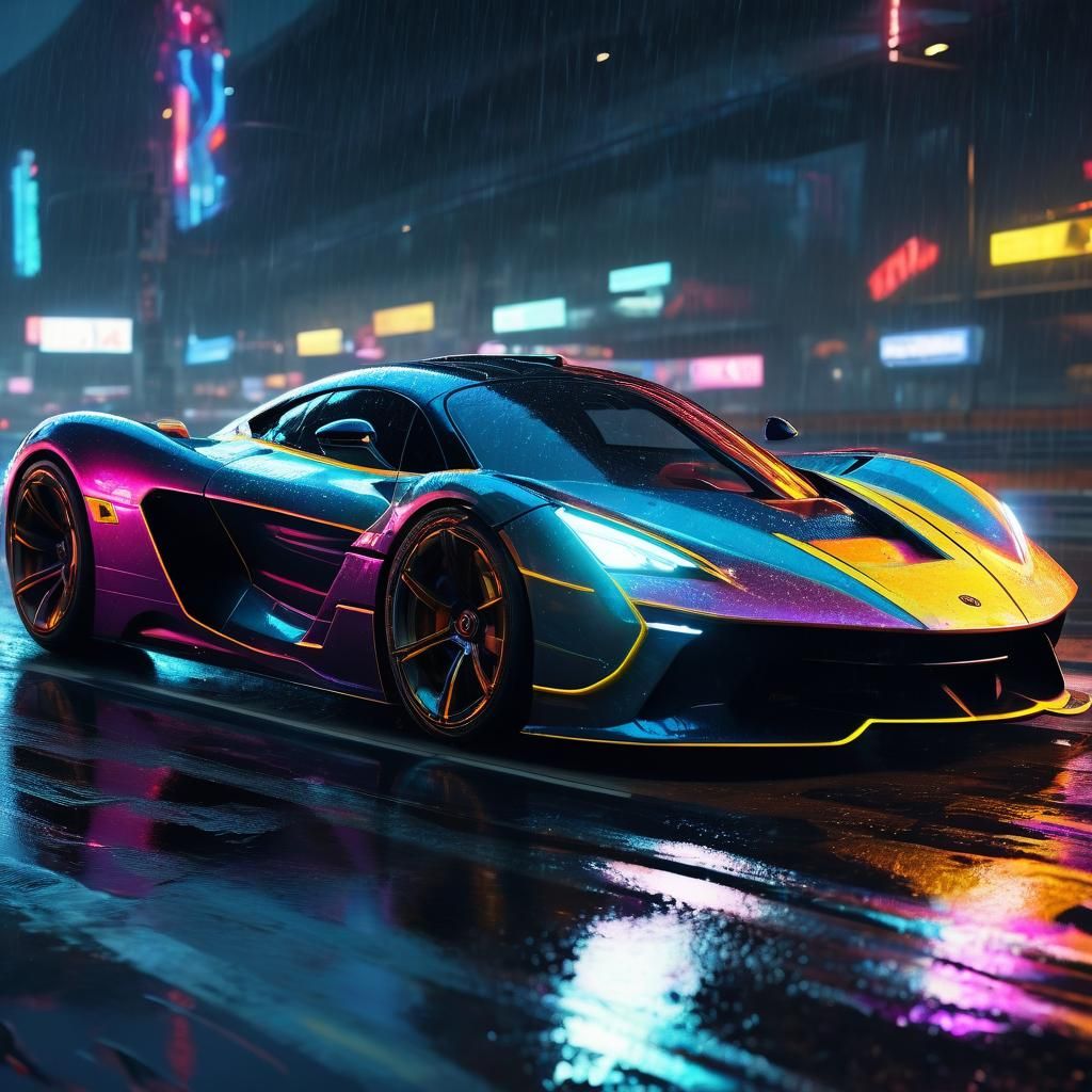 Neon Hypercar Speeding Through Rainy Cyberpunk Cityscape