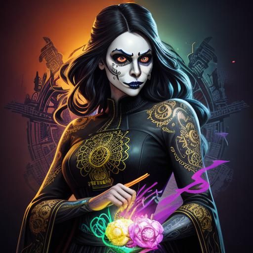Woman with Sugar Skull Makeup in Graveyard Comic Art