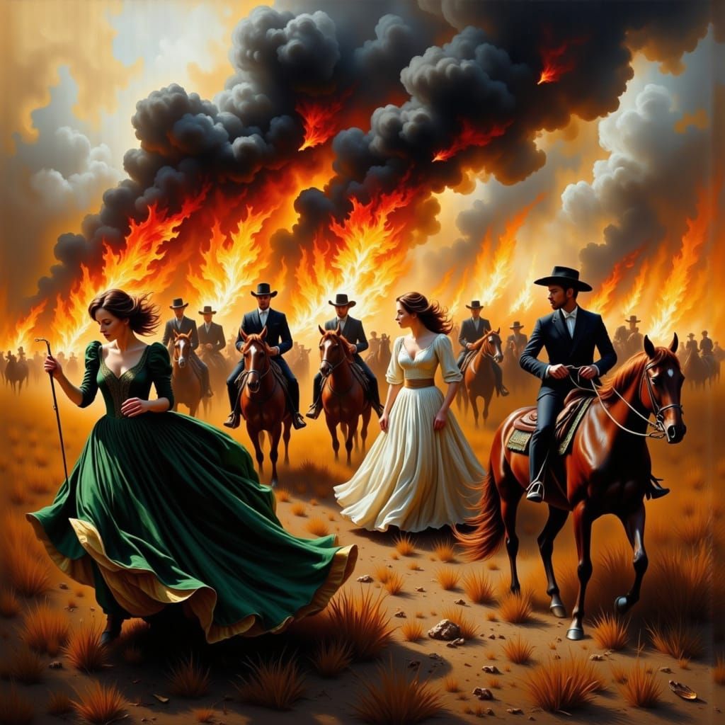 Brunette Women Fight Fire in Dramatic Impasto Style