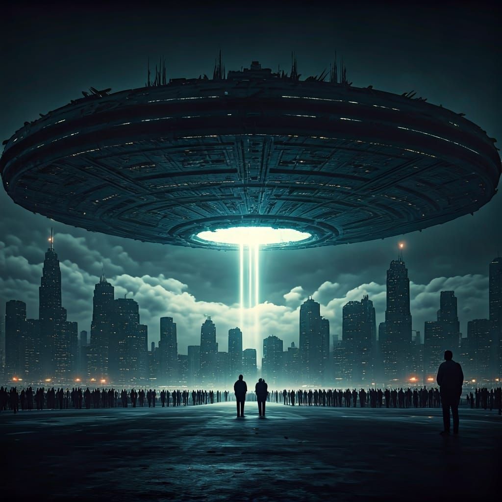 Alien Spaceship Over City: Cinematic Photorealistic Image