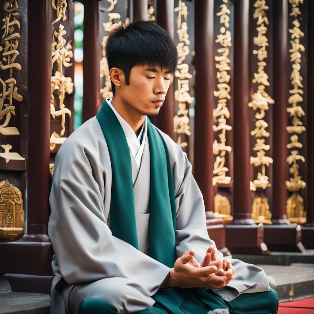Young Asian Man Praying at Shrine