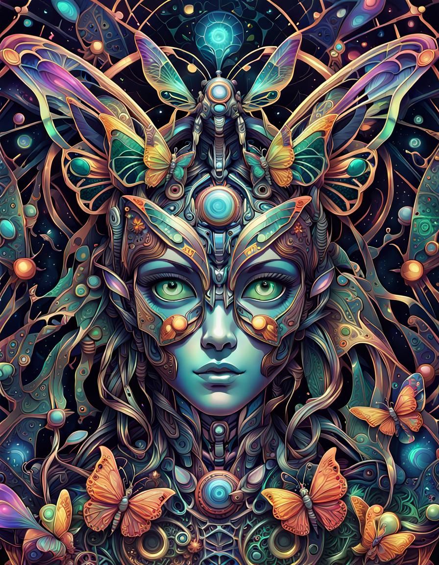 Robot Fairy in Iridescent Colors, Psychedelic Anime Art
