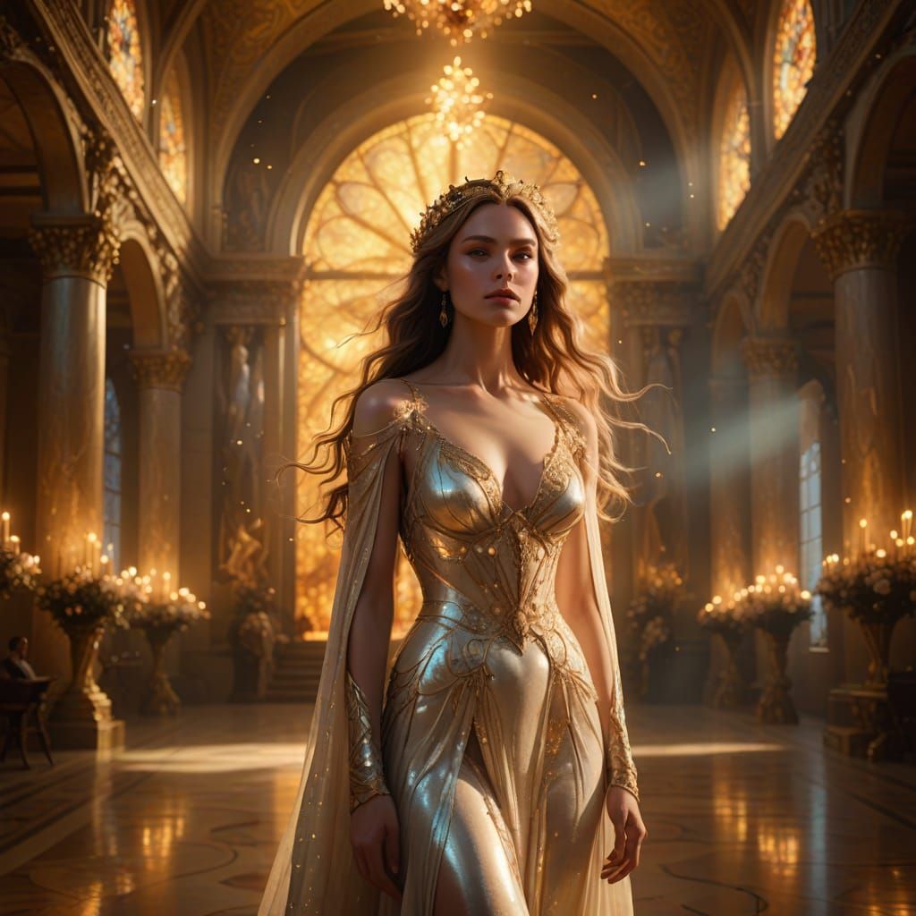 Ethereal Woman in Glowing Celestial Hall