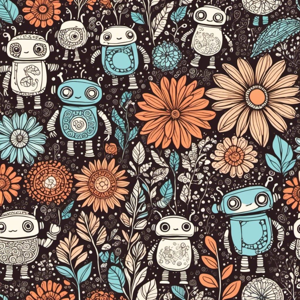Robots in Flower Garden with Zentangle Details