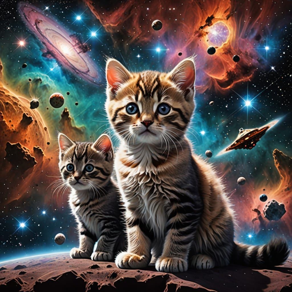 Cute Kittens Explore a Cosmic Nebula Aboard a Spaceship