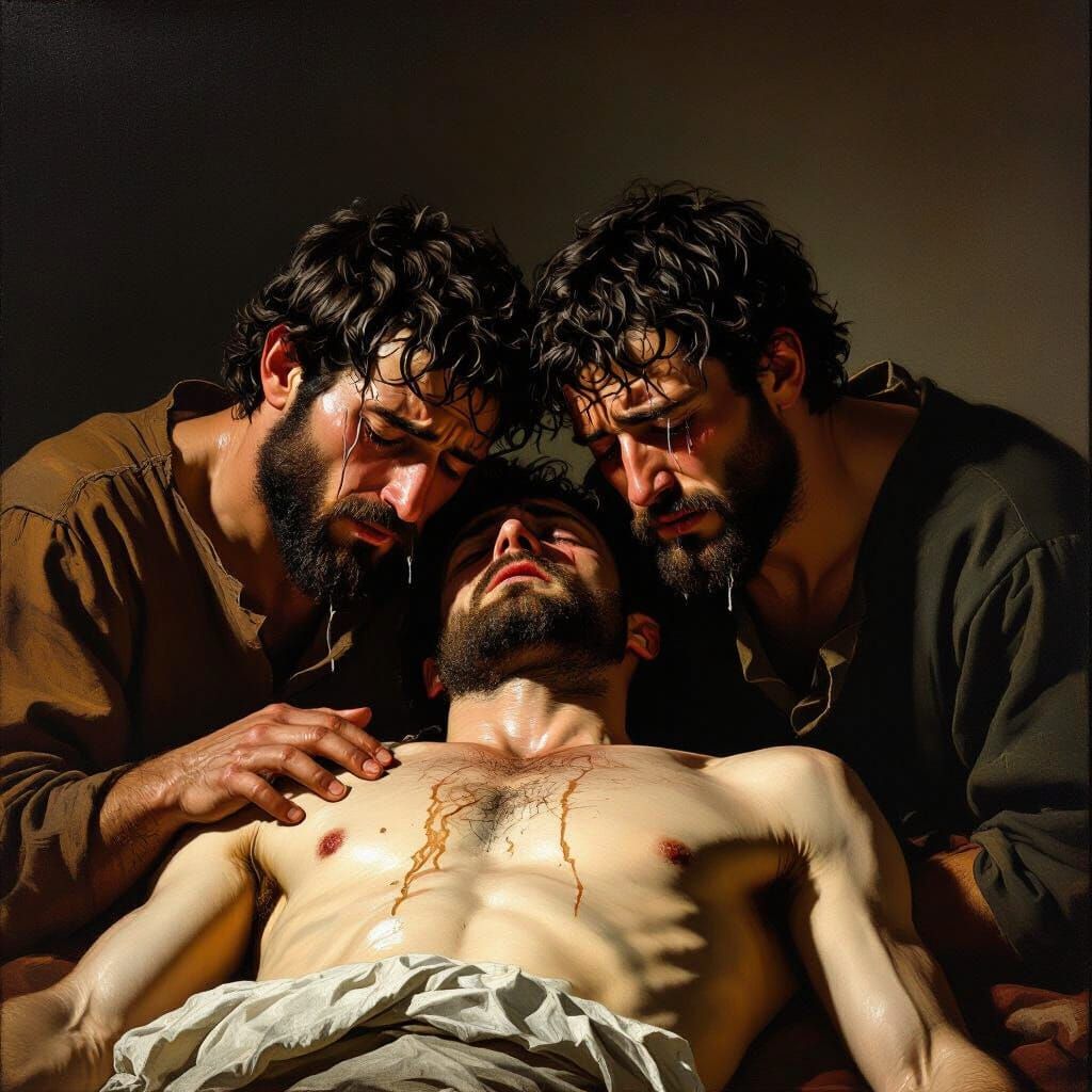 Men Mourn Fallen Friend in Dramatic Chiaroscuro Style