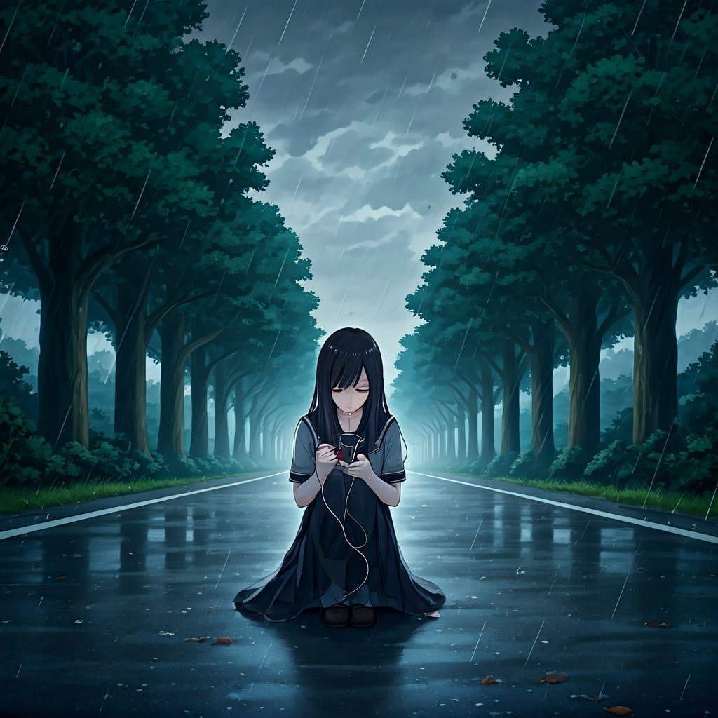 Anime Girl in Rainy Scene: Melancholy Aesthetic