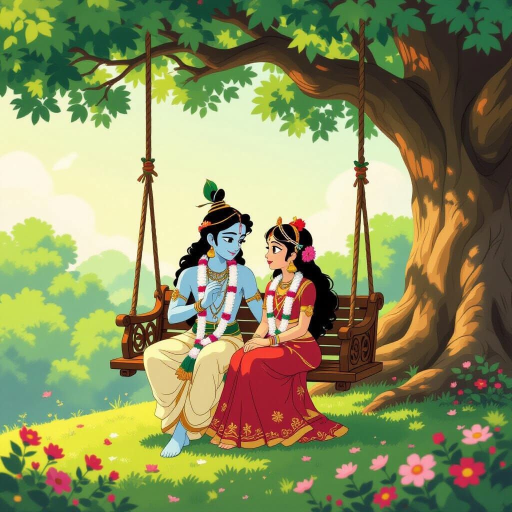 Krishna and Radha on Swing, Ghibli-Style