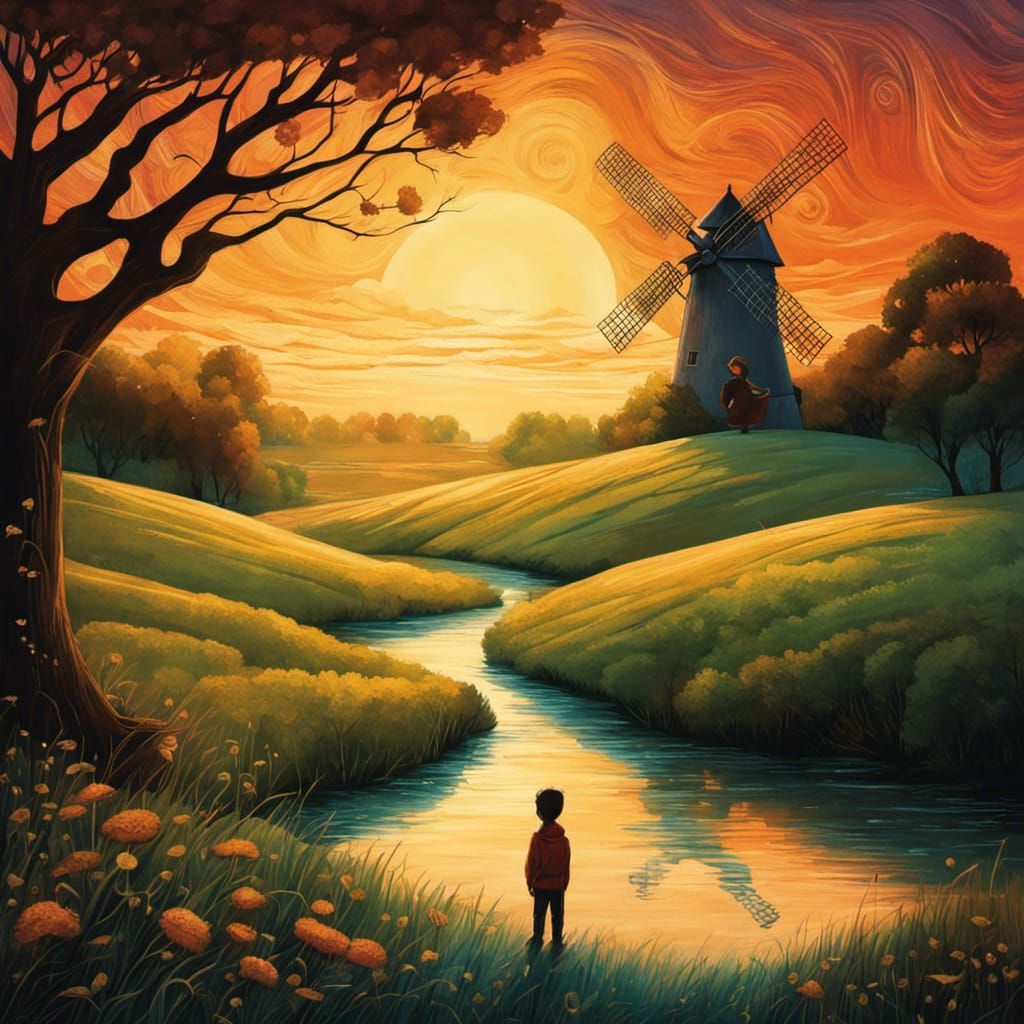 Fairytale Windmill Landscape with Boy, Surreal Art