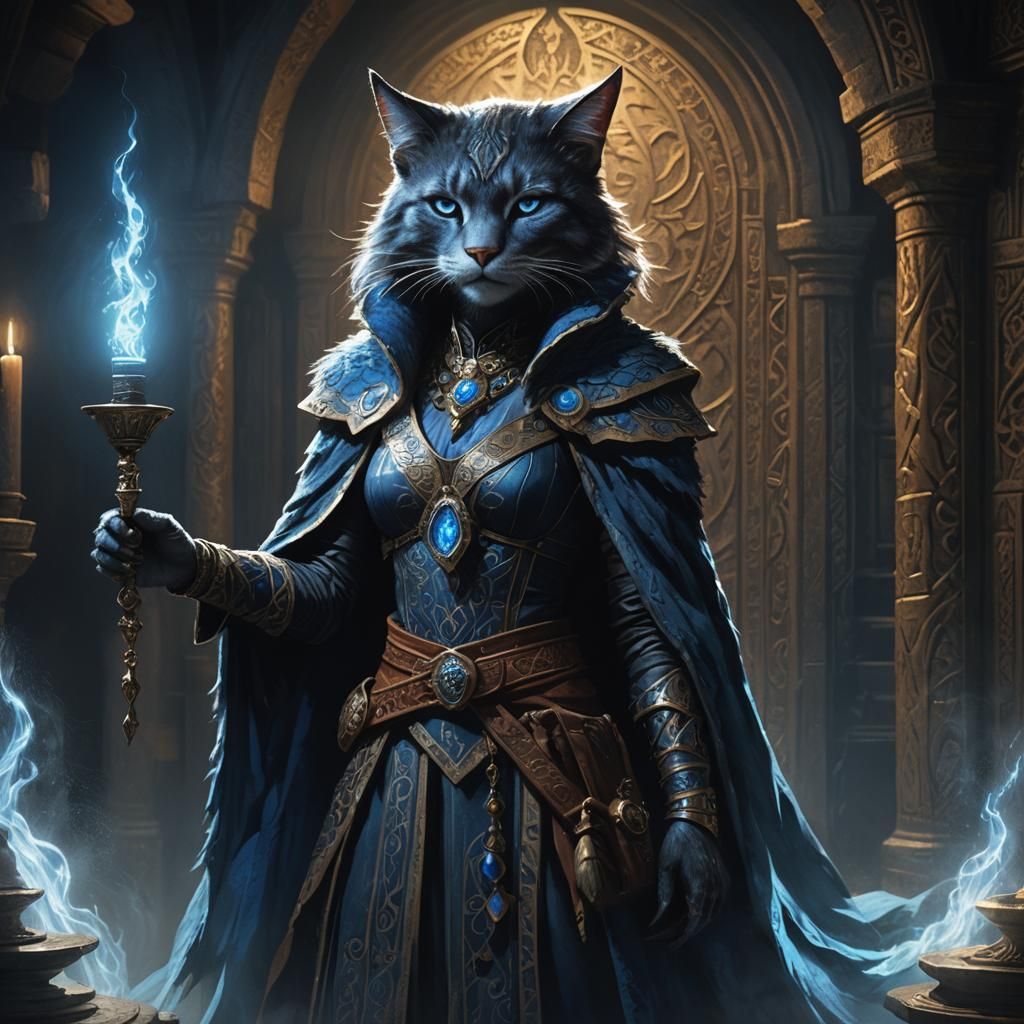 Blue Catfolk Sorceress in Dark Fantasy Chamber