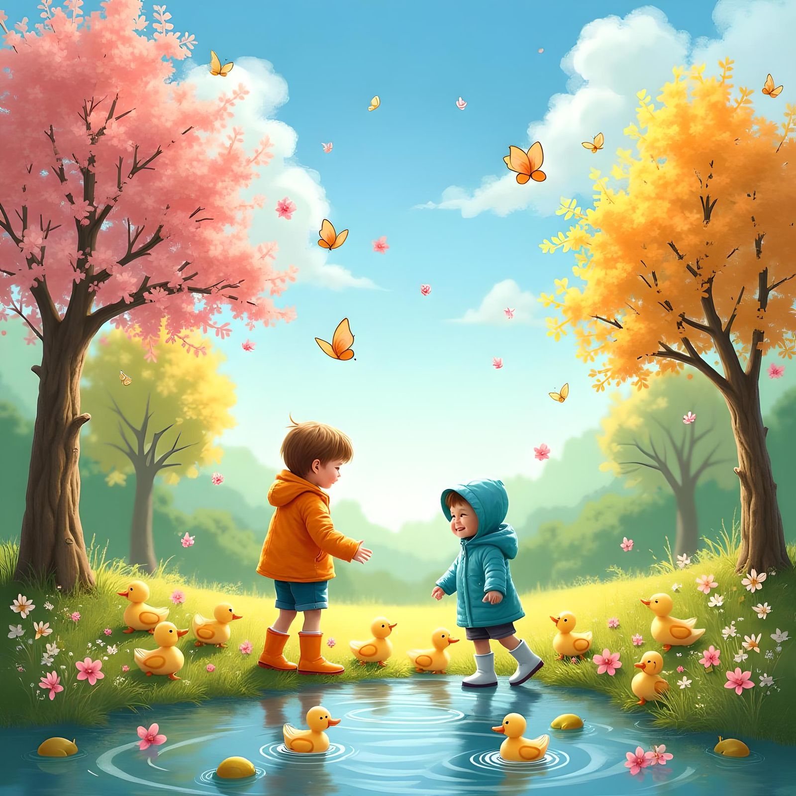 Joyful Landscape with Children in Impressionistic Style