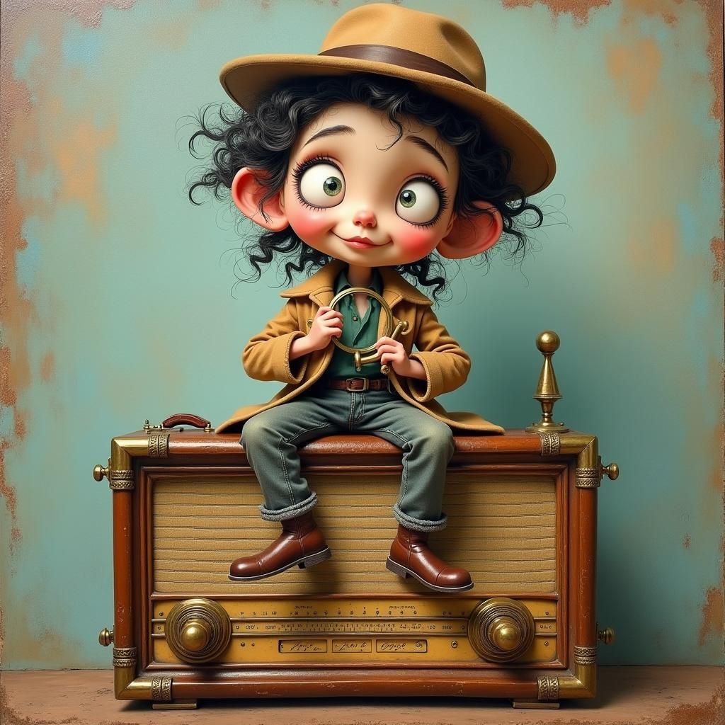 Joyful Detective Doll as Mixed Media Painting