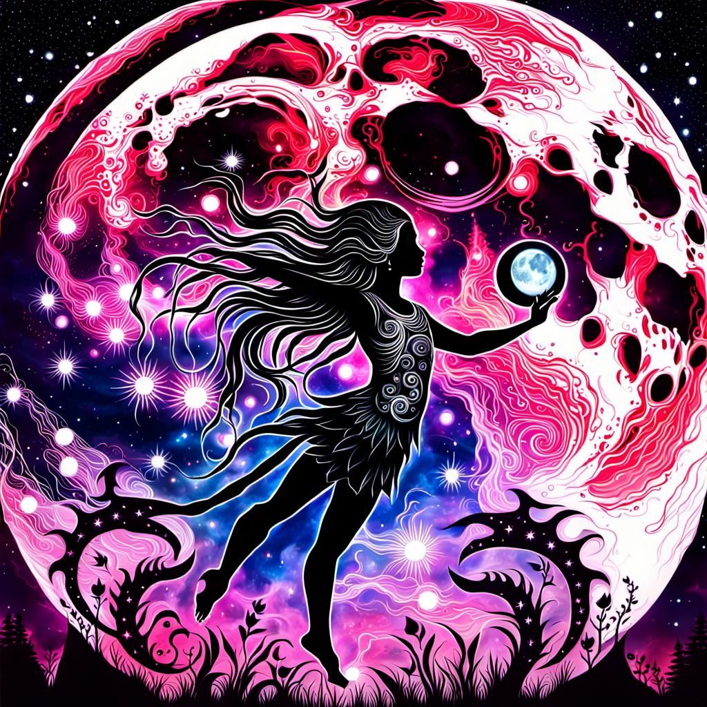 Celestial Goddess Under Pink Moon in Surreal Style