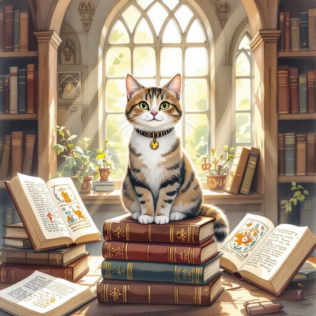 Regal Cat in Library, Watercolor Style