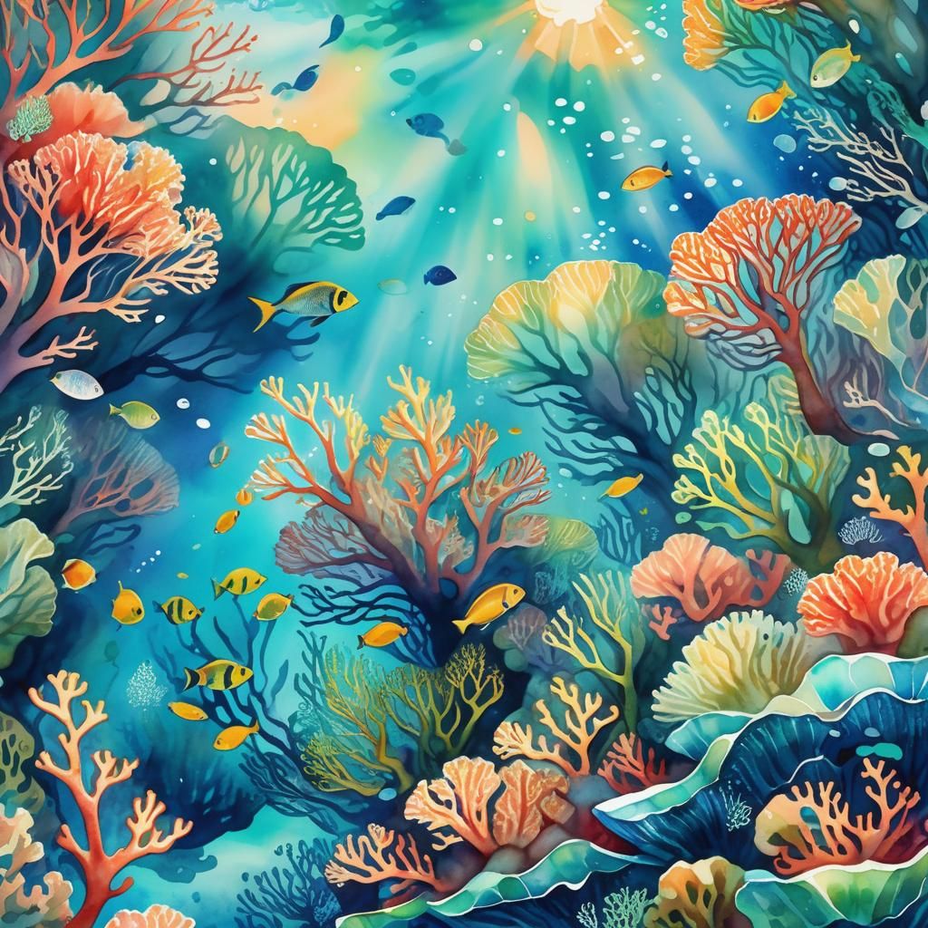 Vibrant Coral Reef in Watercolor Painting Style