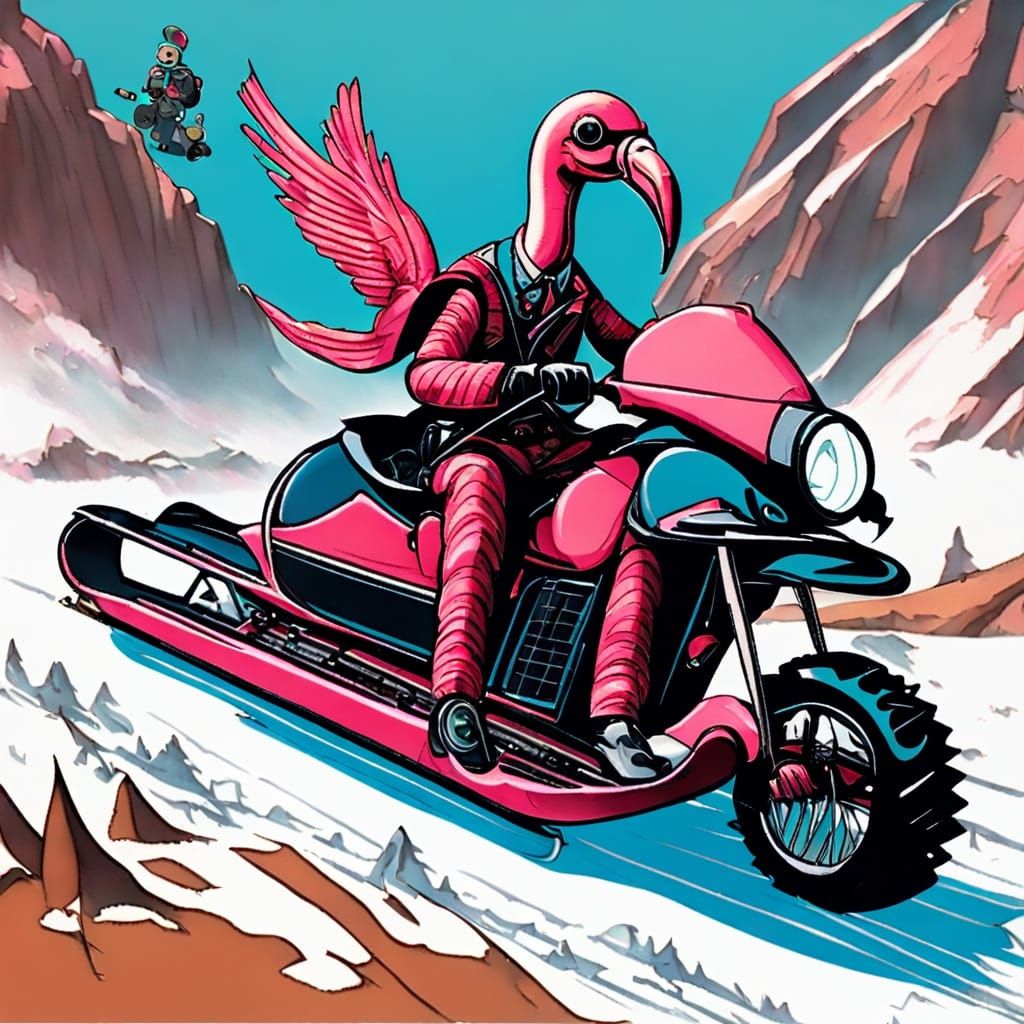 Exceptional Steampunk Precisionism humanoid Flamingo driving snowmobile, Inspired Mad Magazine