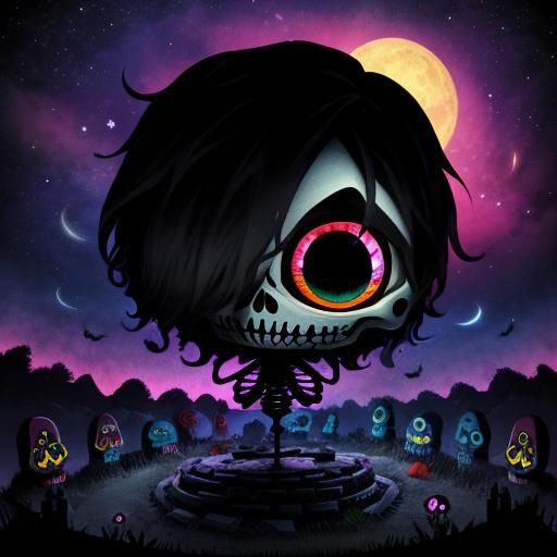 Psychedelic Chibi Skeleton in a Graveyard