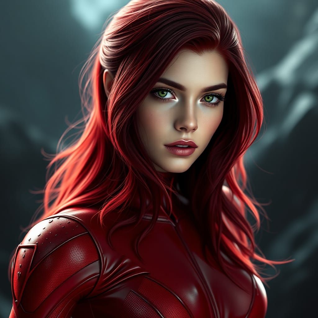 Beautiful Superhero Woman in Crimson Catsuit: Digital Art