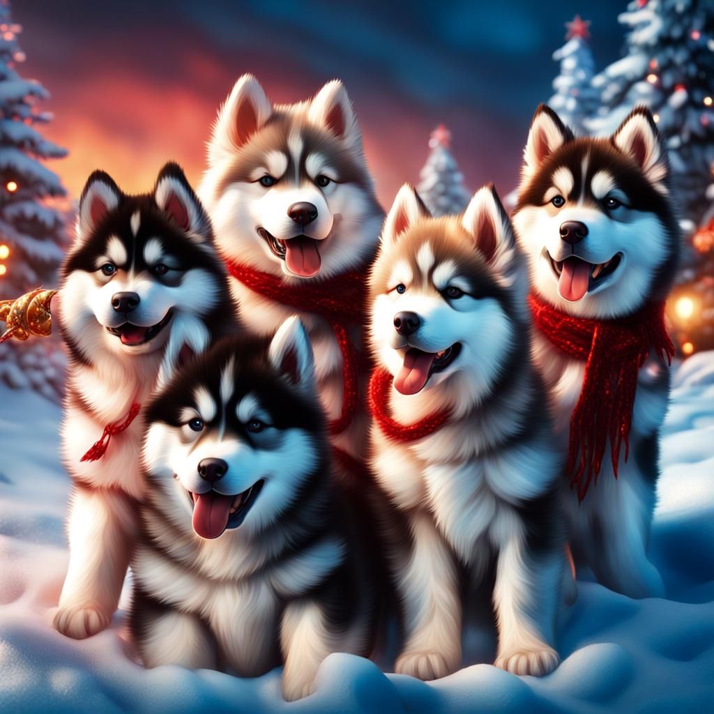 Alaskan Malamutes Pulling Santa Sled in Winter Magic Photo