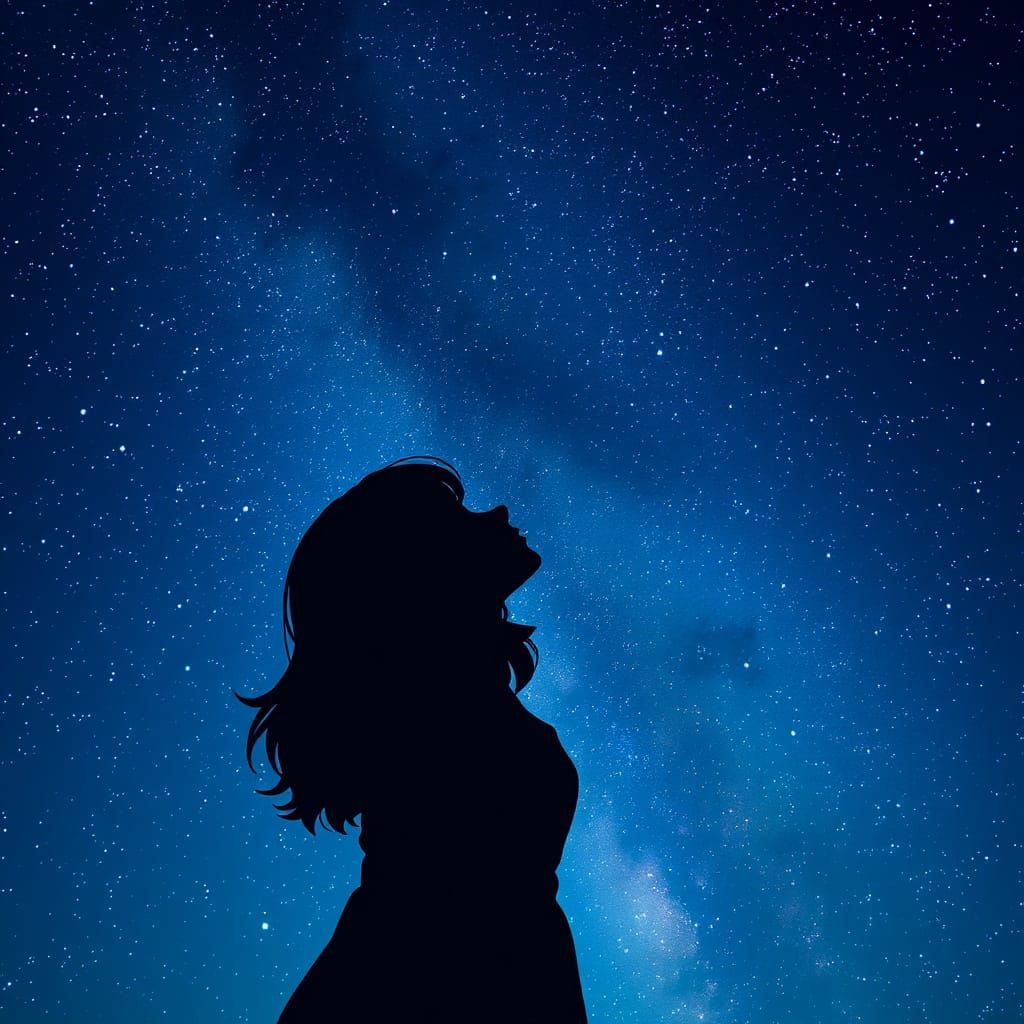 Silhouette of Lady Gazing at Starry Night Sky