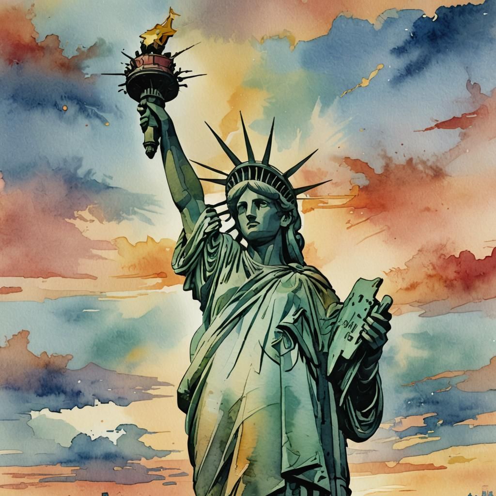Abstract Watercolor Statue of Liberty Sunset