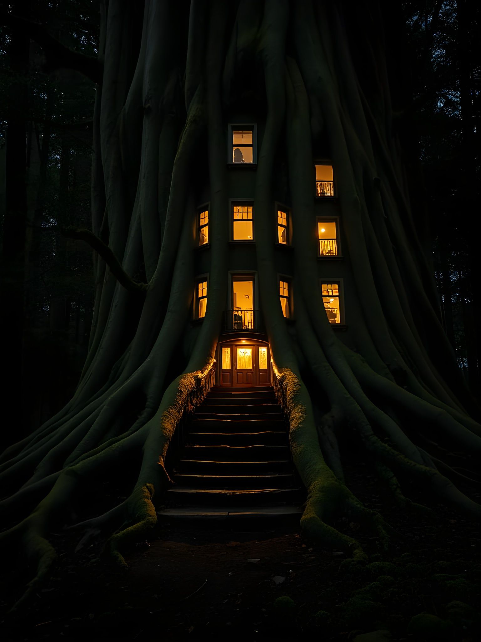 Gigantic Tree House in Dark Forest at Night