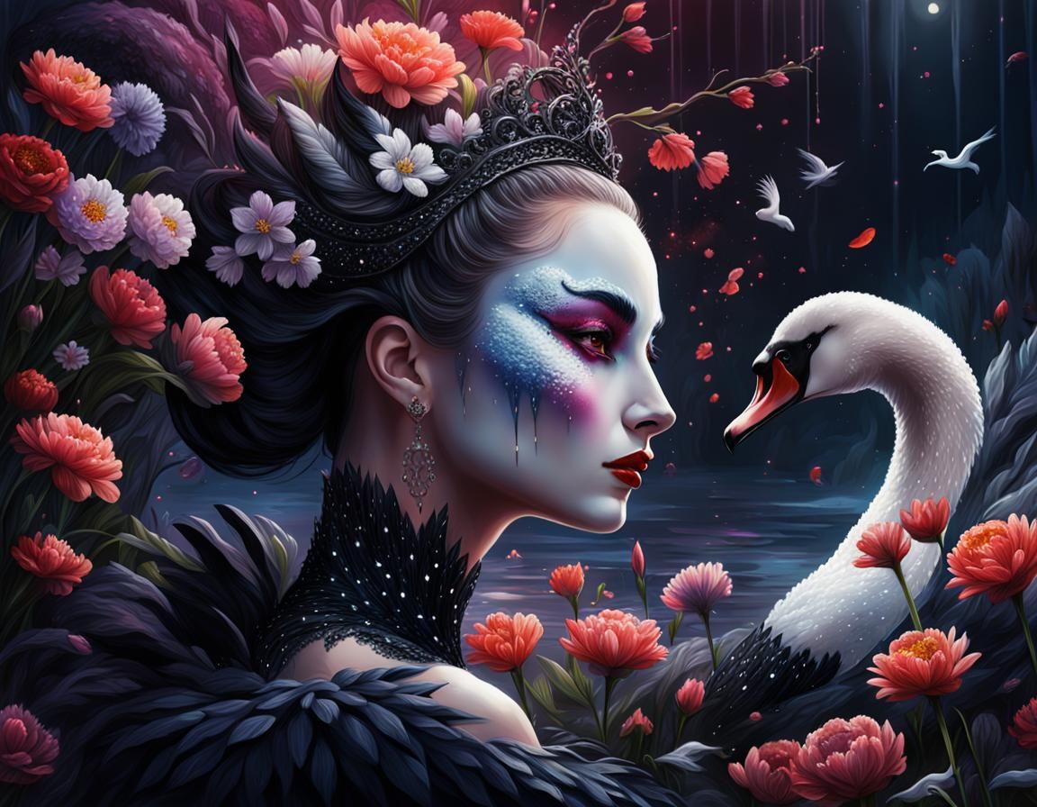 Black Swan Witch Princess with Spring Flowers