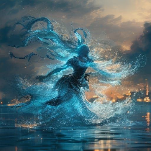 Humanoid Woman with Wolf Features by Lake