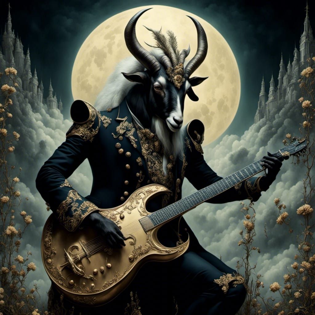 Goat Plays Metal Guitar in Surreal Horror Style