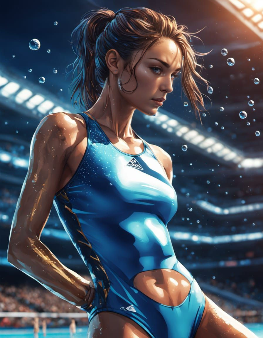 Confident Swimmer at Olympic Pool in Anime Style