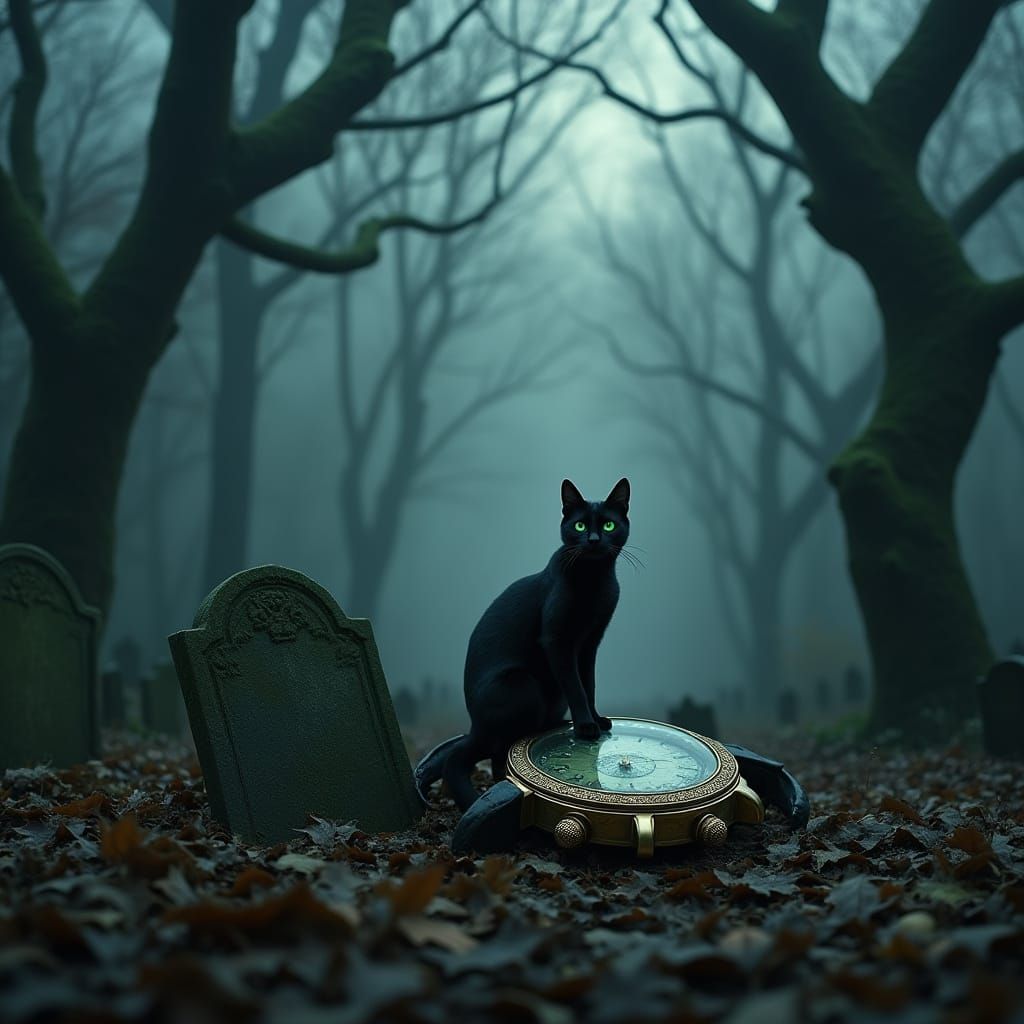 Gothic Watch in Abandoned Cemetery with Black Cat