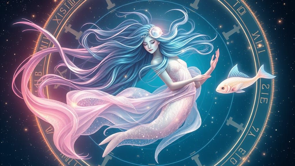 Ethereal Goddess in Cosmic Ocean with Glowing Zodiac