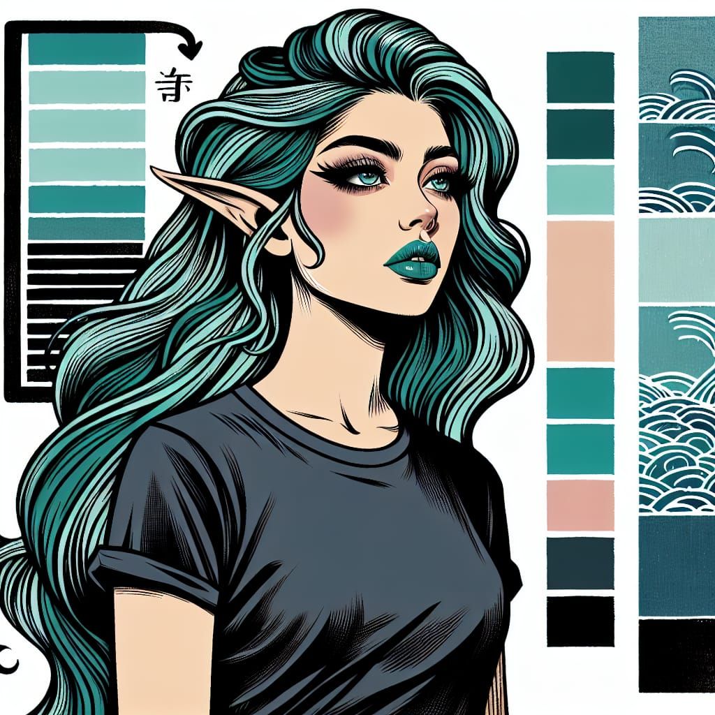 Aesthetic Elf Woman with Turquoise Hair in Japanese Art Styl...