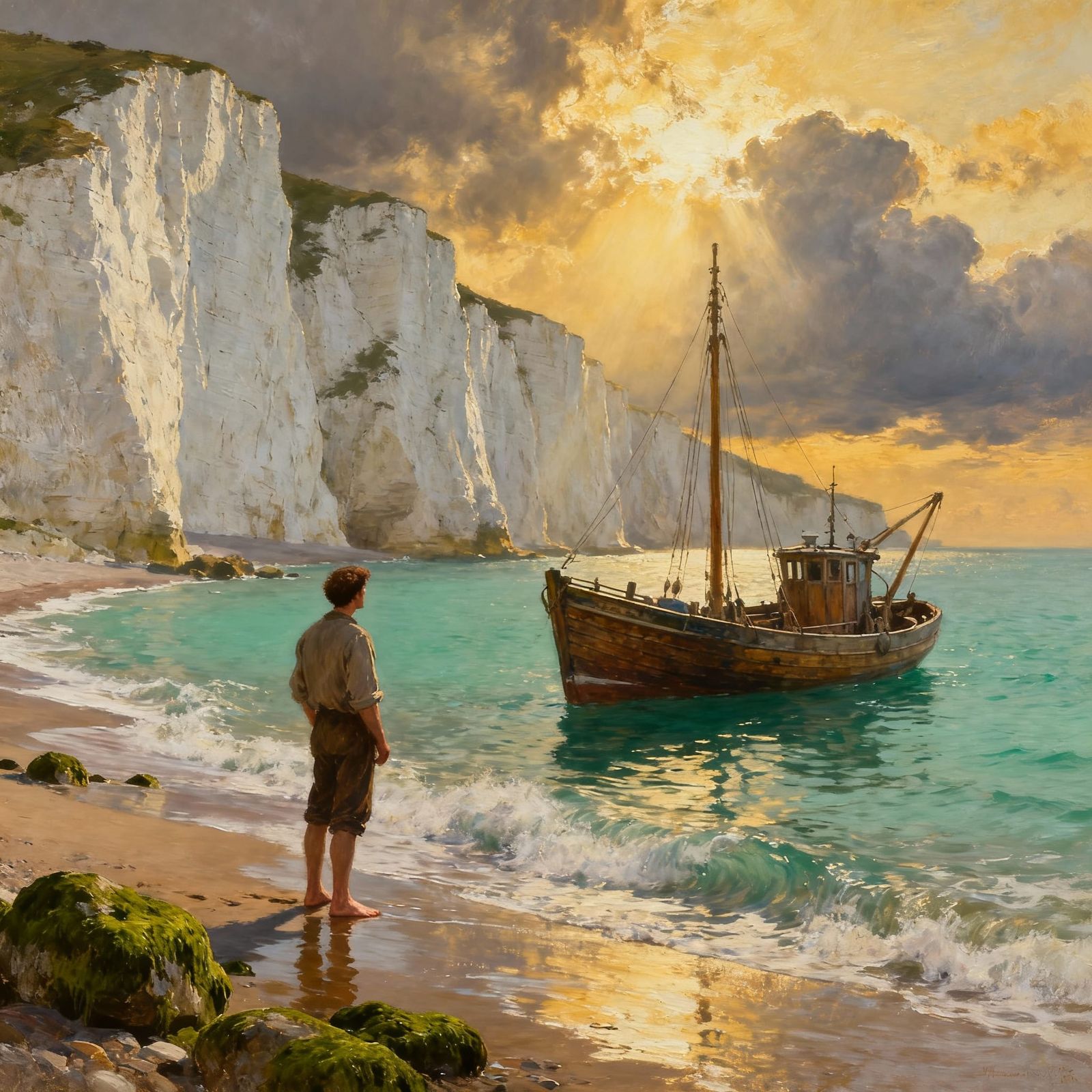 Chalk Cliffs Coastal Scene with Fishing Boat and Golden Ligh...