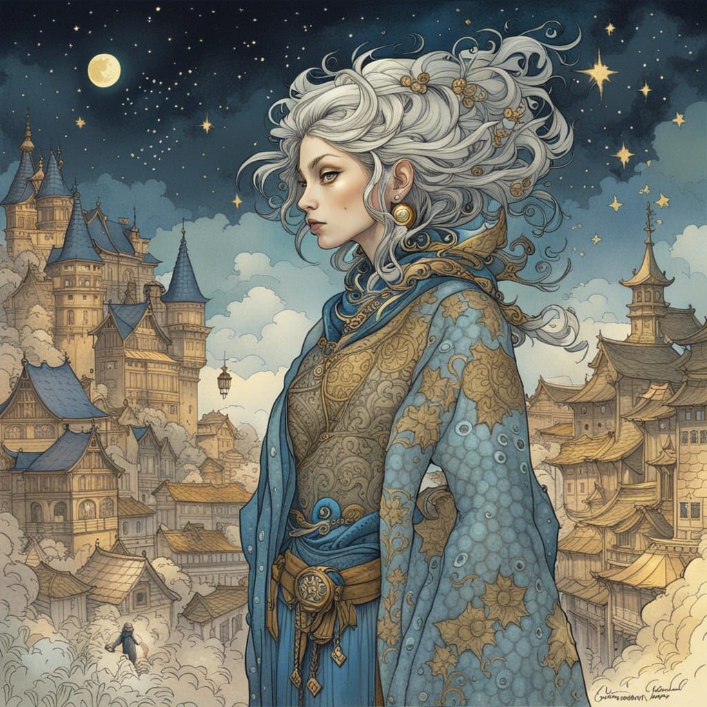 Druid in Medieval City Under Starry Night