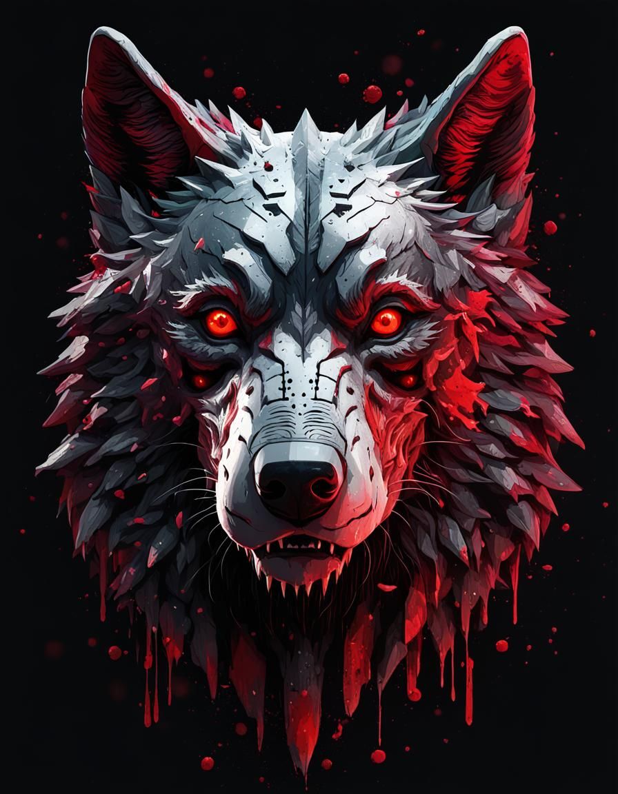 Detailed Red Trash Polka Wolf Head
